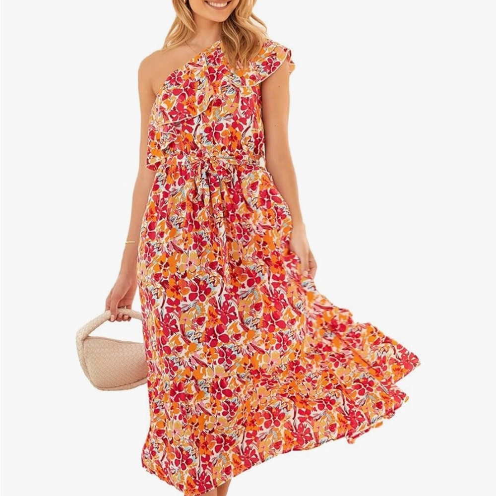 Red and Orange One Shoulder Sundress for Wedding Guest